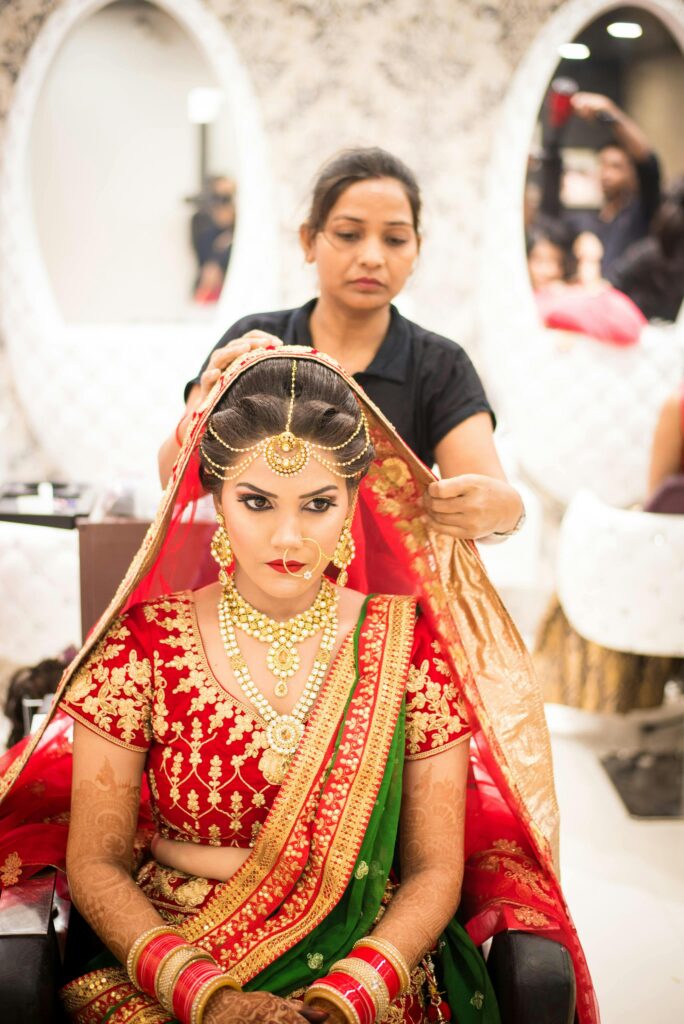 Beautiful Indian bride getting ready before the wedding ceremony.